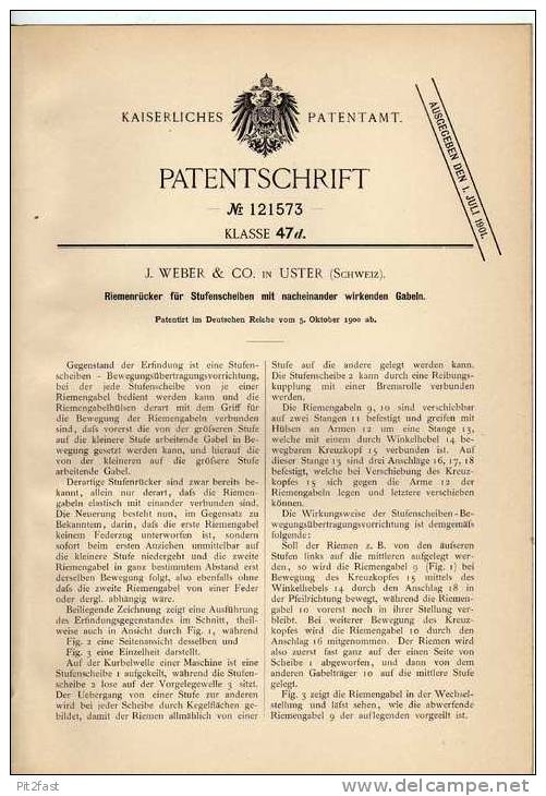 Original Patentschrift - J. Weber & Co In Uster ,1900, Riemenrücker Für Stufenscheiben !!! - Machines