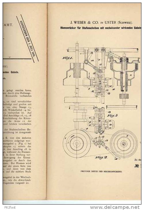 Original Patentschrift - J. Weber & Co In Uster ,1900, Riemenrücker Für Stufenscheiben !!! - Machines