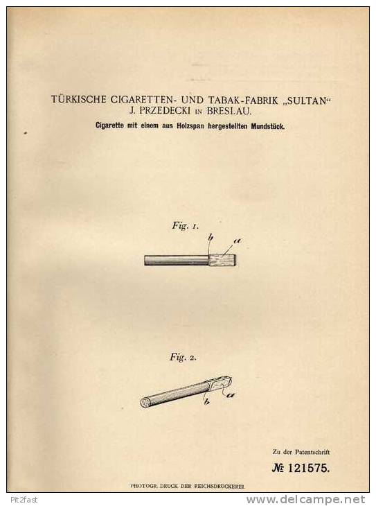 Original Patentschrift - Türk. Cigaretten Und Tabak Fabrik "Sultan" In Breslau , 1900, Cigarette , Zigarre , Pfeife !!! - Documenti