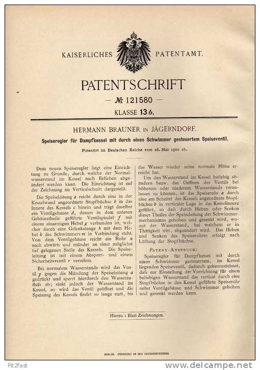 Original Patentschrift - H. Brauner In Jägerndorf / Krnov I. Schlesien , 1900 , Regler Für Dampfkessel !!! - Máquinas