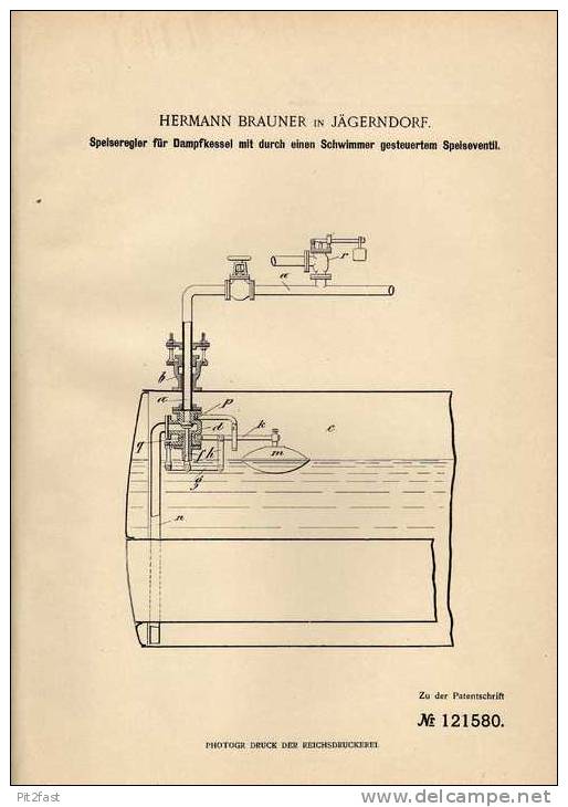 Original Patentschrift - H. Brauner In Jägerndorf / Krnov I. Schlesien , 1900 , Regler Für Dampfkessel !!! - Machines