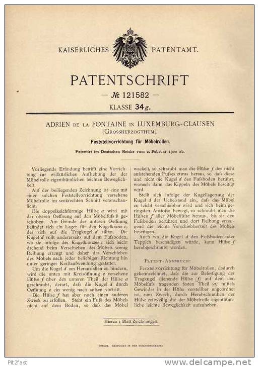 Original Patentschrift - A. Fontaine In Luxemburg - Clausen , 1900 , Möbelrollen , Möbel , Schrank , Luxembourg !!! - Sonstige & Ohne Zuordnung