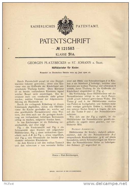 Original Patentschrift - G. Platzberger In St. Johann , 1900 , Klavier Für Kinder , Piano , Tastatur !!! - Muziekinstrumenten