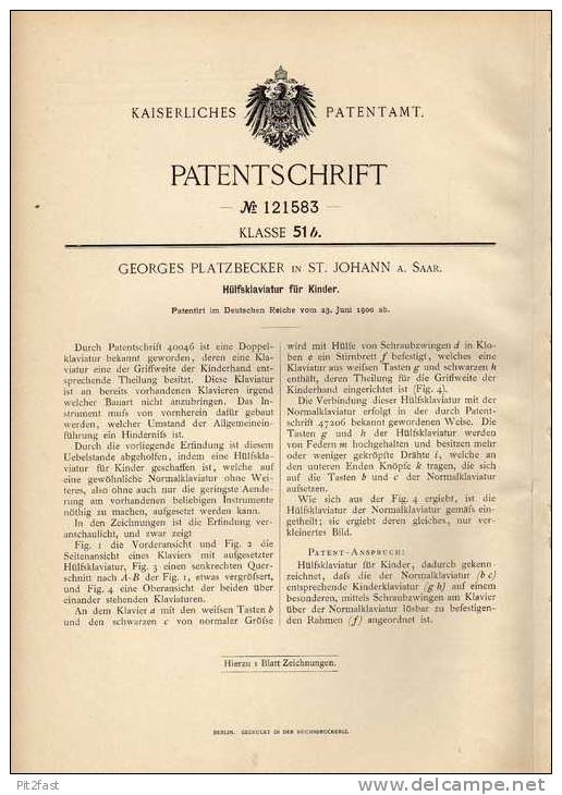 Original Patentschrift - G. Platzberger In St. Johann , 1900 , Klavier Für Kinder , Piano , Tastatur !!! - Musikinstrumente