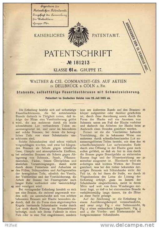 Original Patentschrift - Walther & Cie In Dellbrück B. Cöln , 1905, Feuerlöscher , Löschanlage , Feuerwehr  !!! - Maschinen