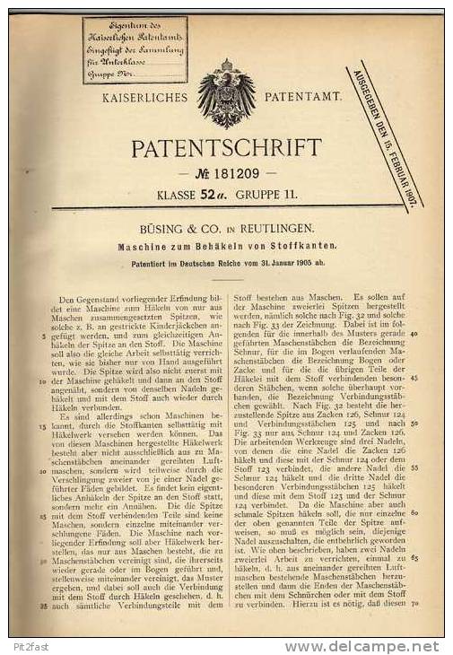 Original Patentschrift - Büsing & Co In Reutlingen , 1905, Häkelmaschine , Nähmaschine , Häkeln , !!! - Macchine