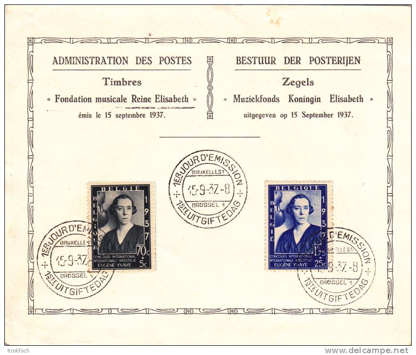 Bruxelles 1937 - Premier Jour FDC Reine Elisabeth Konigin - ....-1951