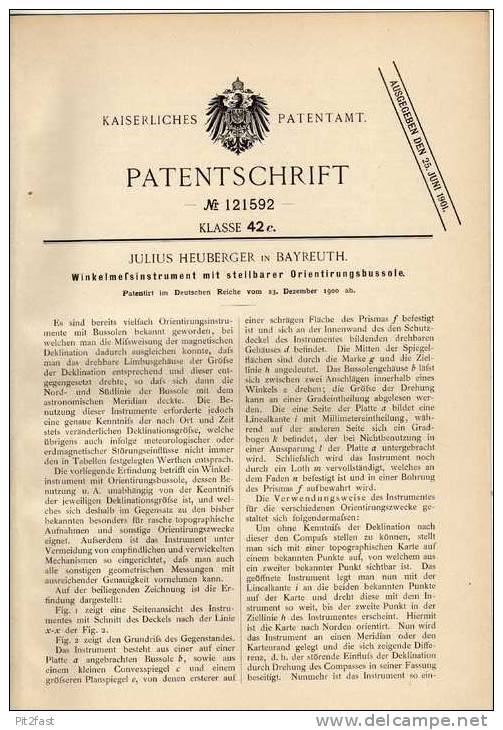 Original Patentschrift - J. Heuberger In Bayreuth , 1900 , Winkelmeßinstrument , Kompass , Astronomie !!! - Technik & Instrumente