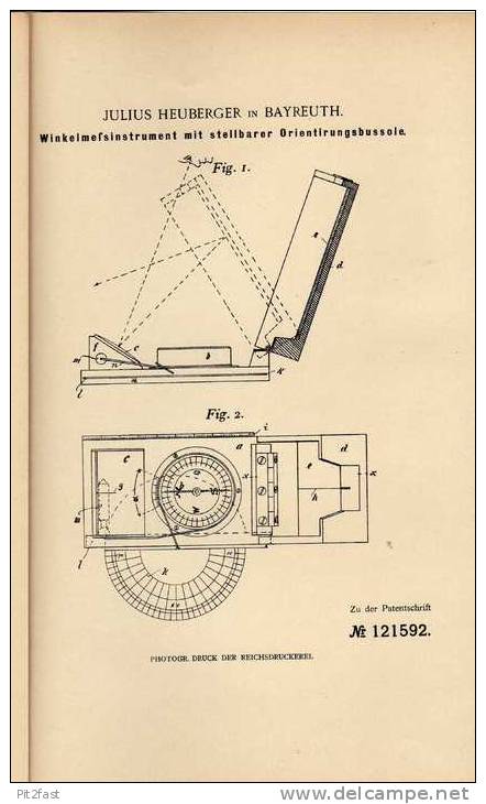 Original Patentschrift - J. Heuberger In Bayreuth , 1900 , Winkelmeßinstrument , Kompass , Astronomie !!! - Techniek & Instrumenten