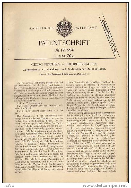 Original Patentschrift - G- Pescheck In Hildburghausen , 1900 , Zeichenbrett , Architekt , Planung !!! - Arquitectura