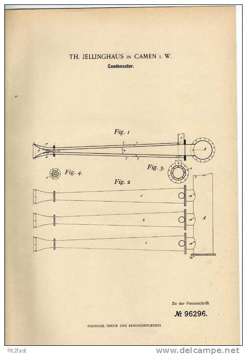 Original Patentschrift - T. Jellinghaus In Camen / Kamen I.W. , 1896, Condensator Für Dampfmaschine !!! - Máquinas