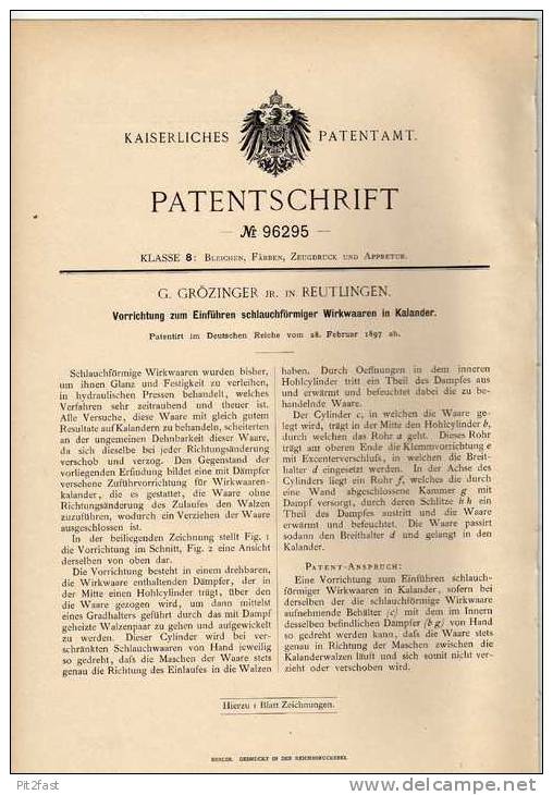 Original Patentschrift - G. Grözinger In Reutlingen , 1897 , Vorrichtung Für Wirkwaaren In Kalander !!! - Machines