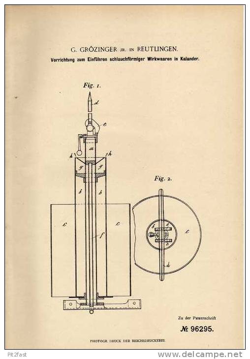 Original Patentschrift - G. Grözinger In Reutlingen , 1897 , Vorrichtung Für Wirkwaaren In Kalander !!! - Macchine