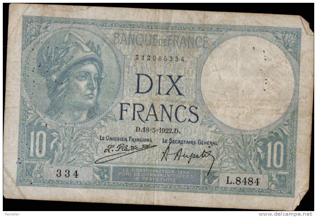 BILLET DE DIX FRANCS "MINERVE " DATE DU 18.05.1922 ( TYPE 1915 ) - 10 F 1916-1942 ''Minerve''