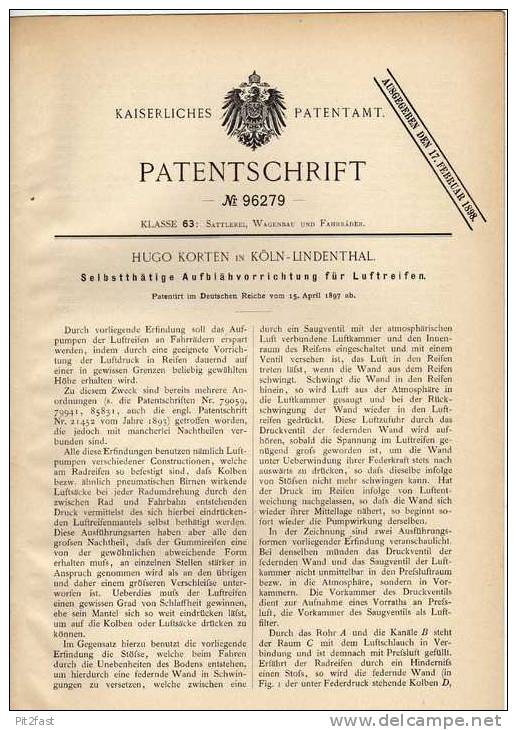 Original Patentschrift - H. Korten In Köln - Lindenthal , 1897 , Pumpvorrichtung Für Reifen , Fahrrad !!! - Tools