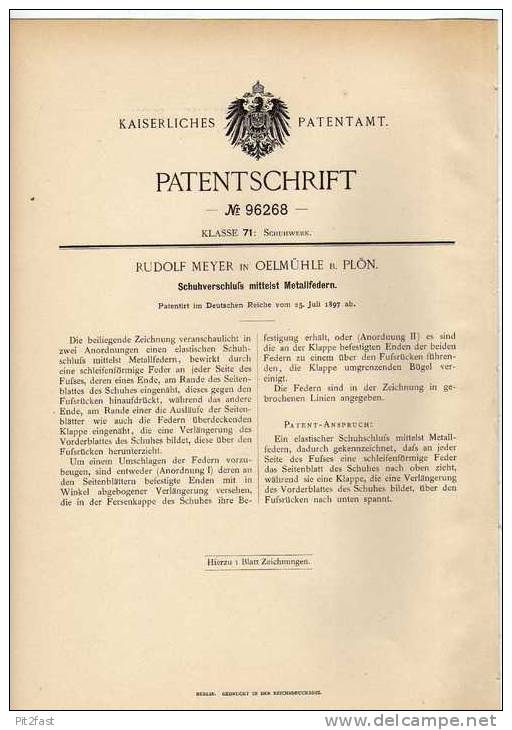 Original Patentschrift - R. Meyer In Oelmühle B. Plön , 1897 , Schuhverschluß , Schuhe , Schuster !!! - Shoes