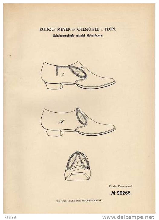 Original Patentschrift - R. Meyer In Oelmühle B. Plön , 1897 , Schuhverschluß , Schuhe , Schuster !!! - Chaussures