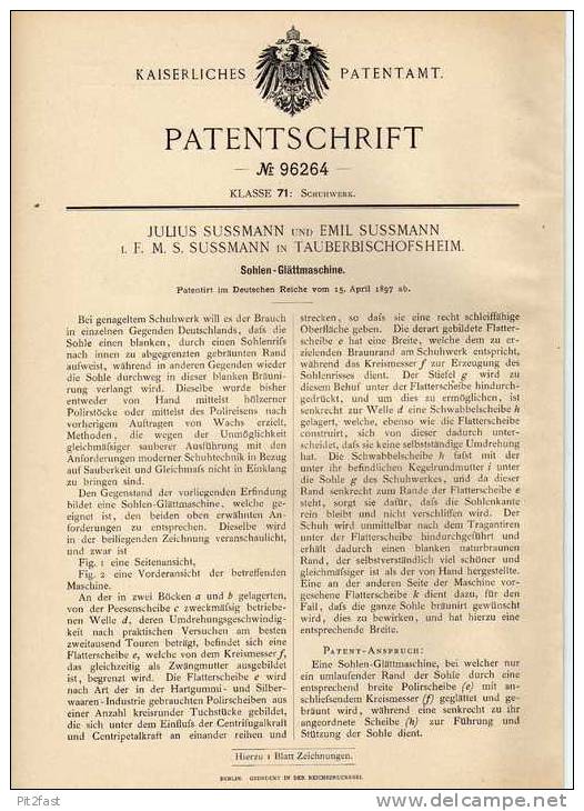 Original Patentschrift - J. Sussmann In Tauberbischofsheim , 1897, Sohlenglättmaschine , Schuster , Schuhe !!! - Maschinen