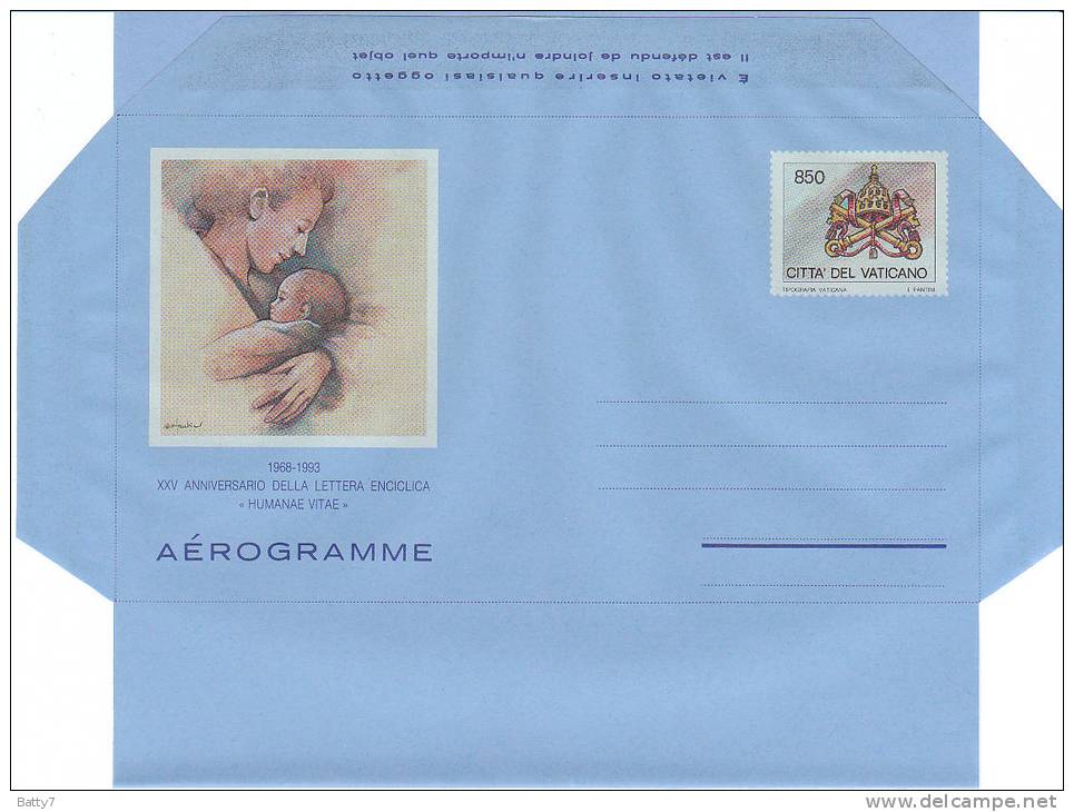 VATICANO AEROGRAMMA 1993 XXV ANNIVERSARIO LETTERA ENCICLICA HUMANAE VITAE - Postal Stationeries