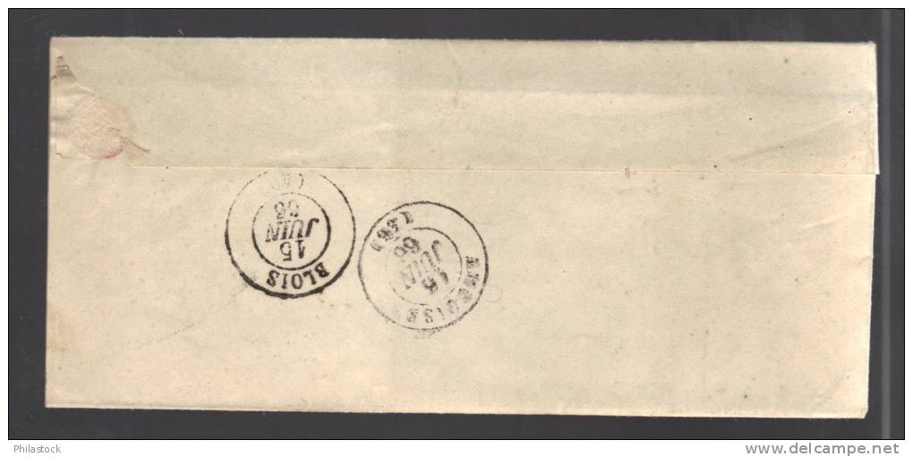 FRANCE 1866 N° 22 Obl. S/Lettre Entiére GC 2727 C à D Onzain - 1862 Napoleon III