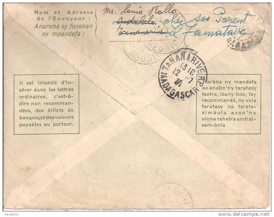 Madagascar - Lettre -  Poste Aérienne - Voyage D' étude - Madagascar - Réunion  8 Juillet 1938 - Covers & Documents