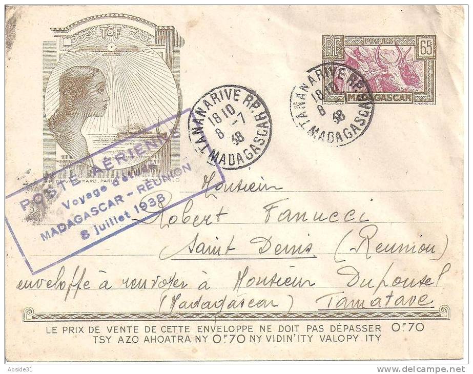 Madagascar - Lettre -  Poste Aérienne - Voyage D' étude - Madagascar - Réunion  8 Juillet 1938 - Covers & Documents