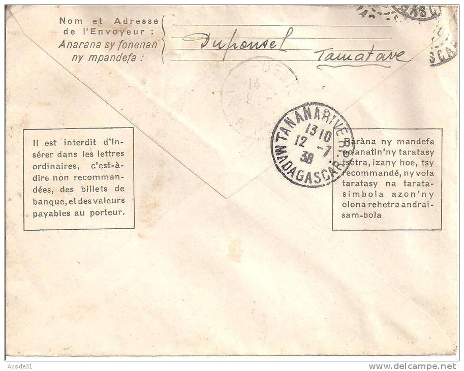 Madagascar - Lettre -  Poste Aérienne - Voyage D' étude - Madagascar - Réunion  8 Juillet 1938 - Covers & Documents