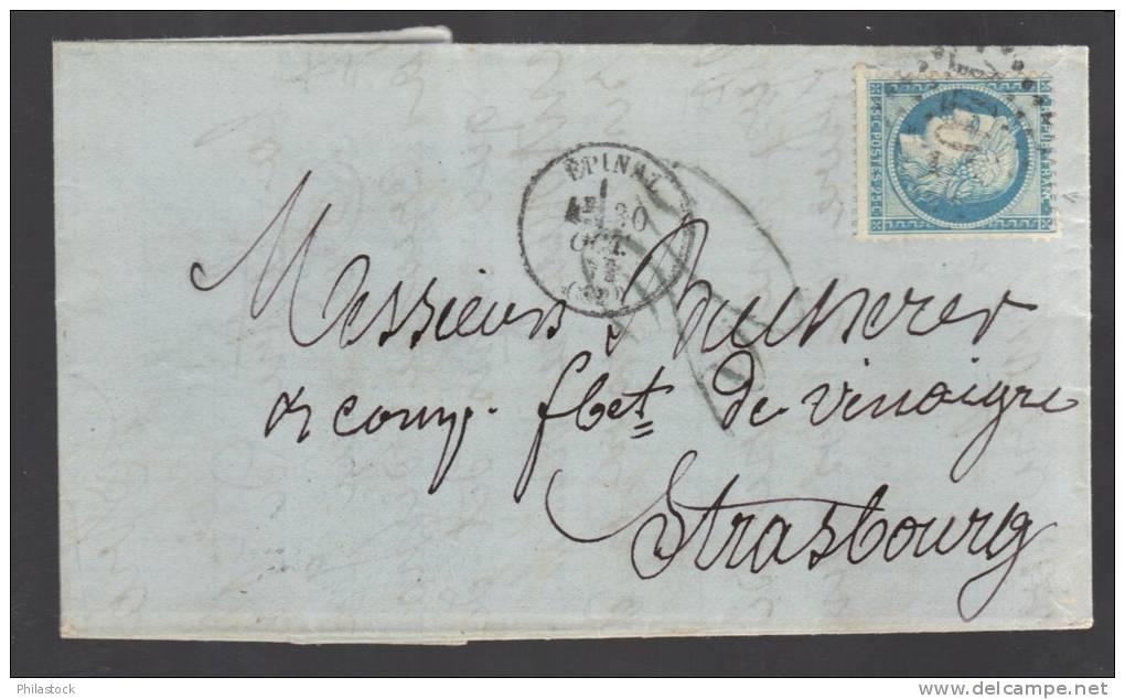 FRANCE 1871 N° 60 Obl. S/Lettre Entiére Taxée GC 1402 Petit C à D Epinal Pour Strasbourg - 1871-1875 Cérès