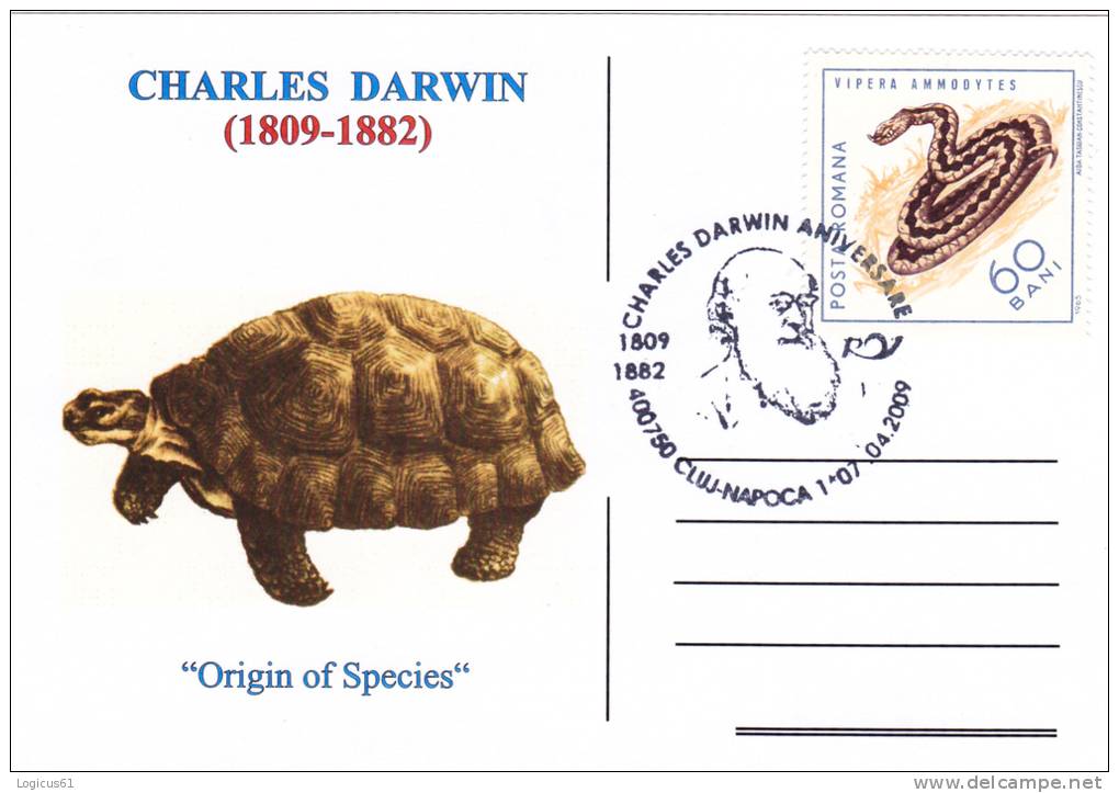 Romania,Cluj-Napoca:CHARLES DARWIN (1809 - 1882)-Origin Of Species,Origine Des Espèces,Postcarte Postale-Romania. - Turtles