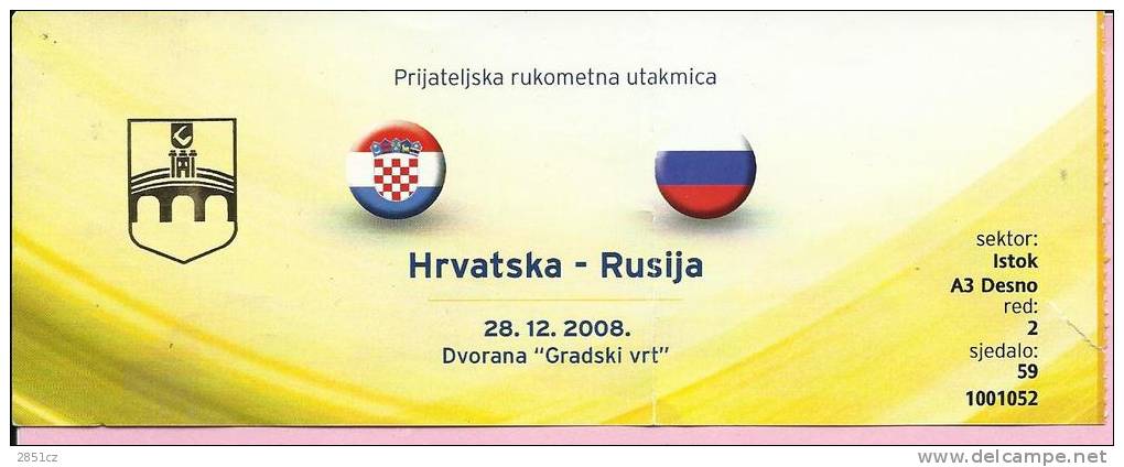 HANDBALL MATCH TICKET CROATIA - RUSSIA, 28.12.2008., Osijek, Croatia - Tickets & Toegangskaarten