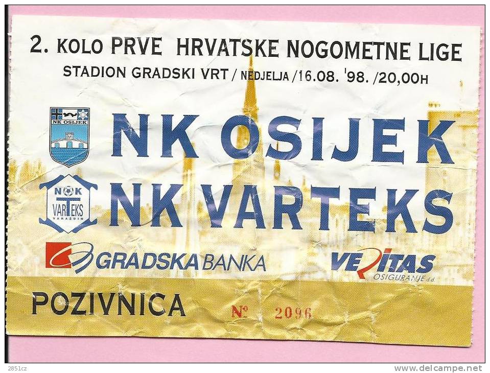 SOCCER MATCH TICKET NK OSIJEK Vs NK VARTEKS, 16.8.1998., Osijek, Croatia - Tickets D'entrée