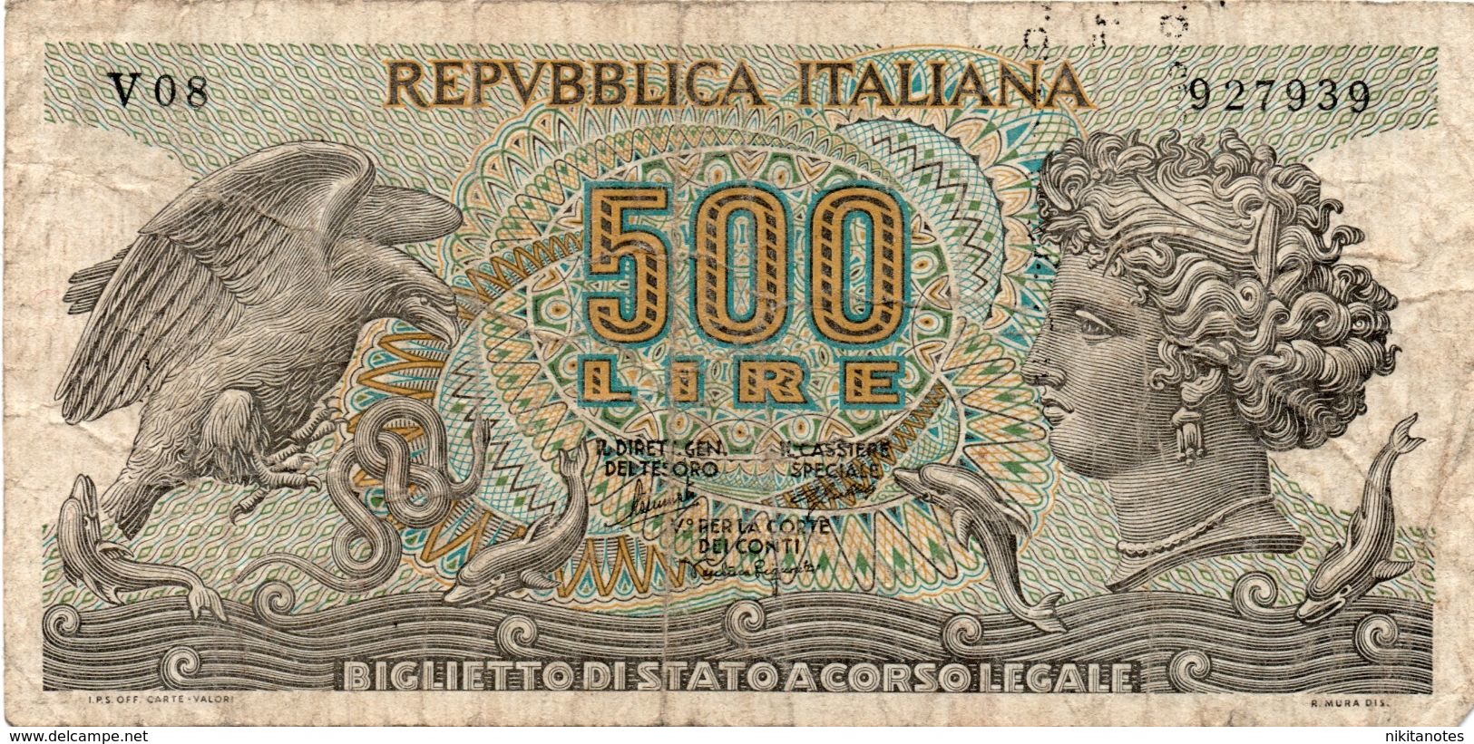 ITALY 500 Lire Eagle Serpente Delfino 1966 P93 See Scan - 500 Lire