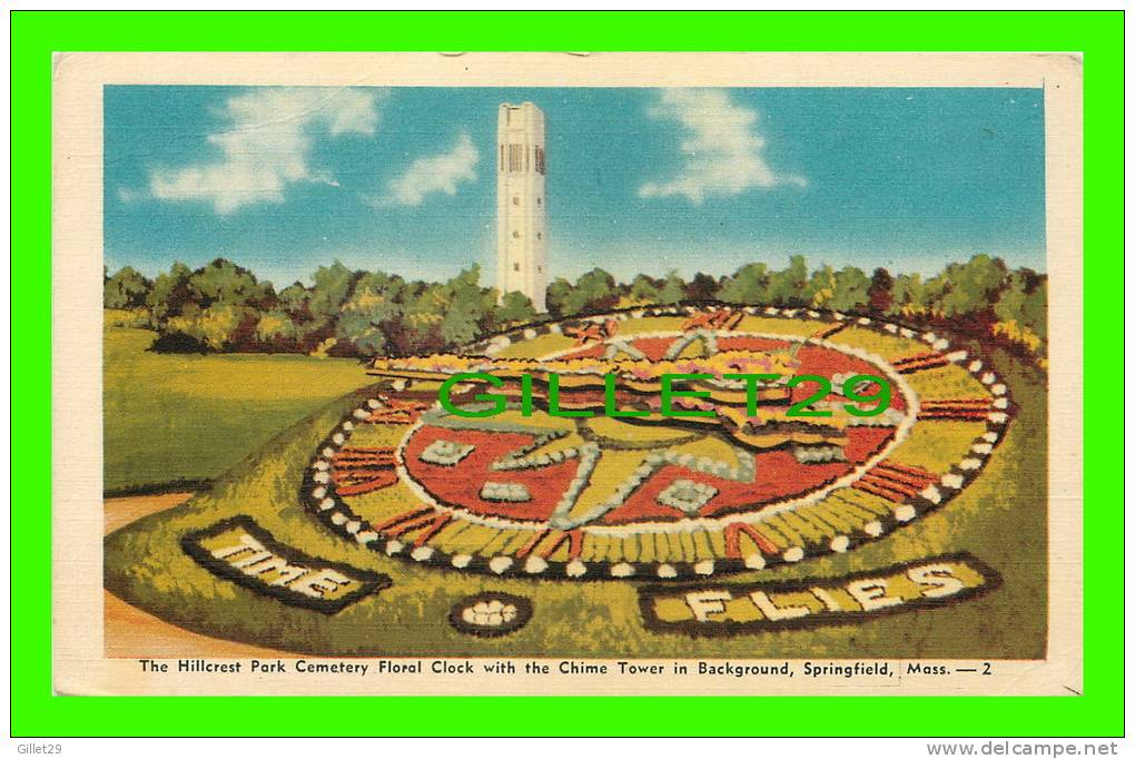 SPRINGFIELD, MA - THE HILLCREST PARK CEMETERY, FLORAL CLOCK WITH CHIME TOWER IN BACKGROUND - - Springfield