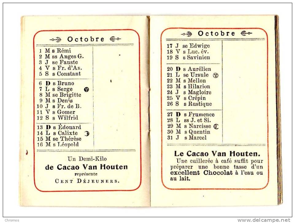 Rare Petit Carnet (18 Pages) Chromo Calendrier Pour Cacao Van Houten, 1907 - Tamaño Pequeño : 1901-20