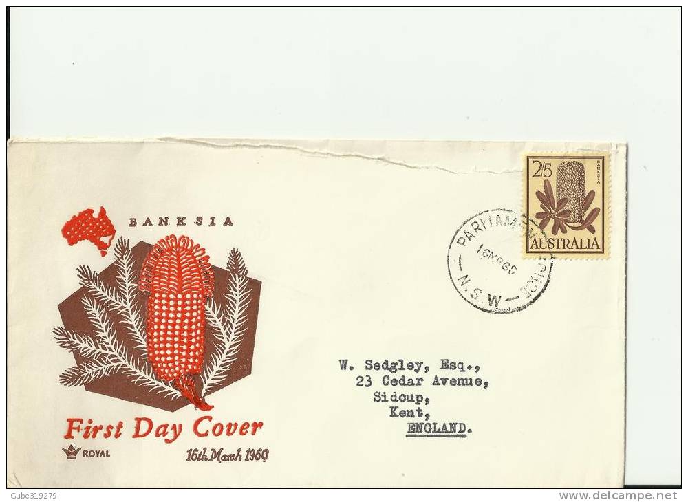 AUSTRALIA YEAR 1960- FDC NEW STAMP ISSUE BAKSIA FLOWER FLOWN TO U.KINGDOM  W/1 STAMP OF2'5 PENCE  REF 7/AU - Covers & Documents