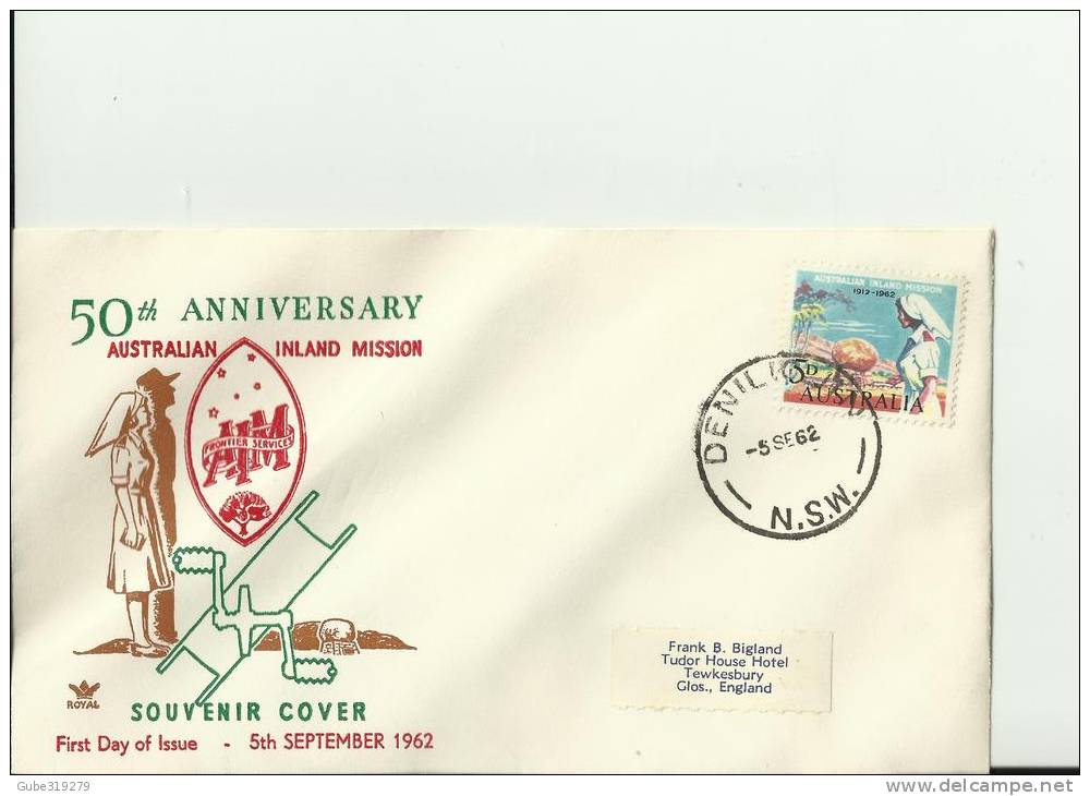 AUSTRALIA YEAR 1962- FDC 50TH ANNI.AUSTRALIAN INLAND MISSION  FLOWN TO U.KINGDOM  W/1 STAMP OF 5 PENCE  REF 11/AU - Cartas & Documentos