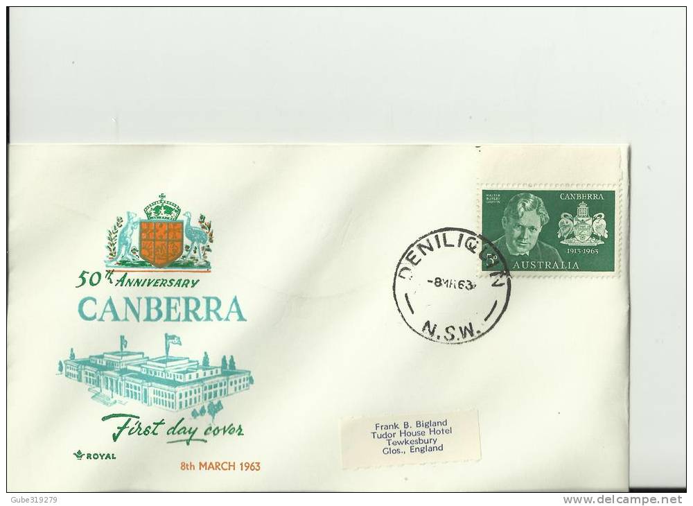 AUSTRALIA YEAR 1963- FDC 50TH ANNIVERSARY CANBERRA FLOWN TO U.KINGDOM  W/1 STAMP OF 5 PENCE  REF 12/AU - Brieven En Documenten