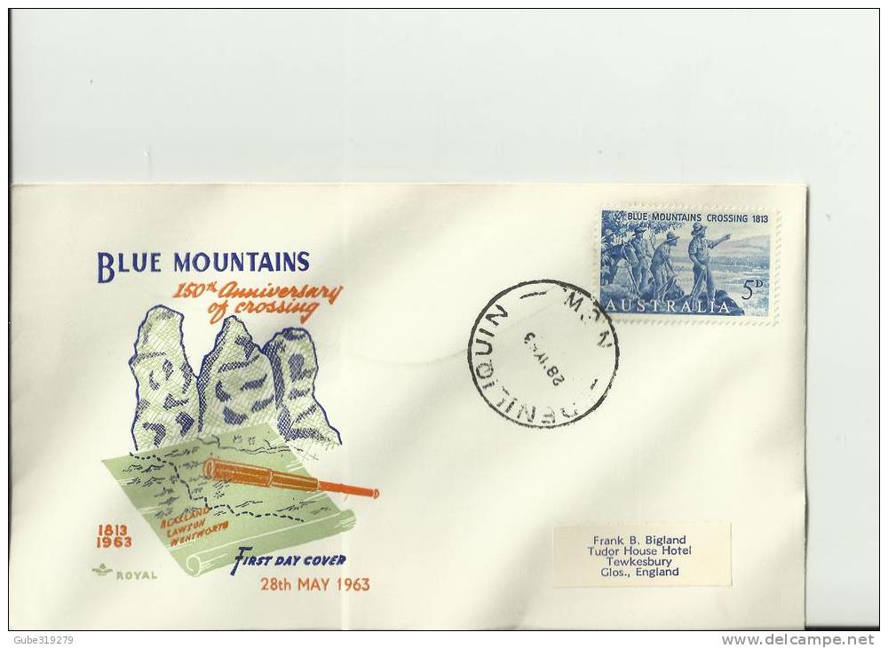AUSTRALIA YEAR 1963- FDC 150TH ANNI.BLUE MOUNTAINS CROSSING FLOWN TO U.KINGDOM  W/1 STAMP OF 5 PENCE  REF 14/AU - Brieven En Documenten