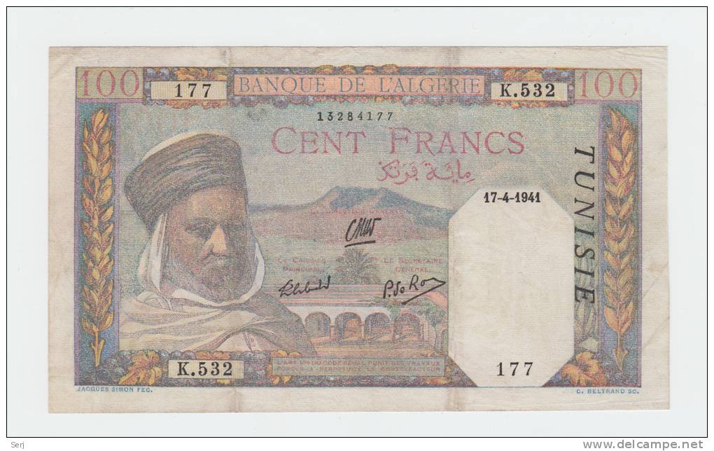 Tunisia 100 Francs 1941 VF+ Banknote P 13a  13 A - Tunisie