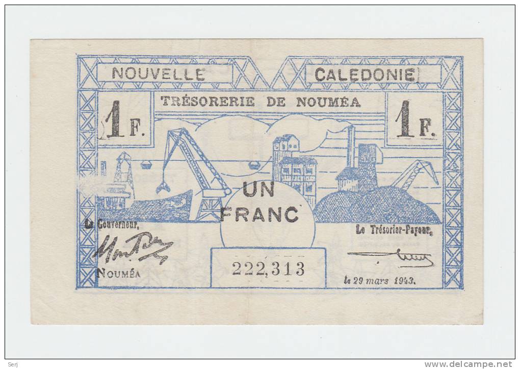 New Caledonia 1 Franc 1943 XF CRISP Banknote P 55a  55 A - Nouméa (Neukaledonien 1873-1985)