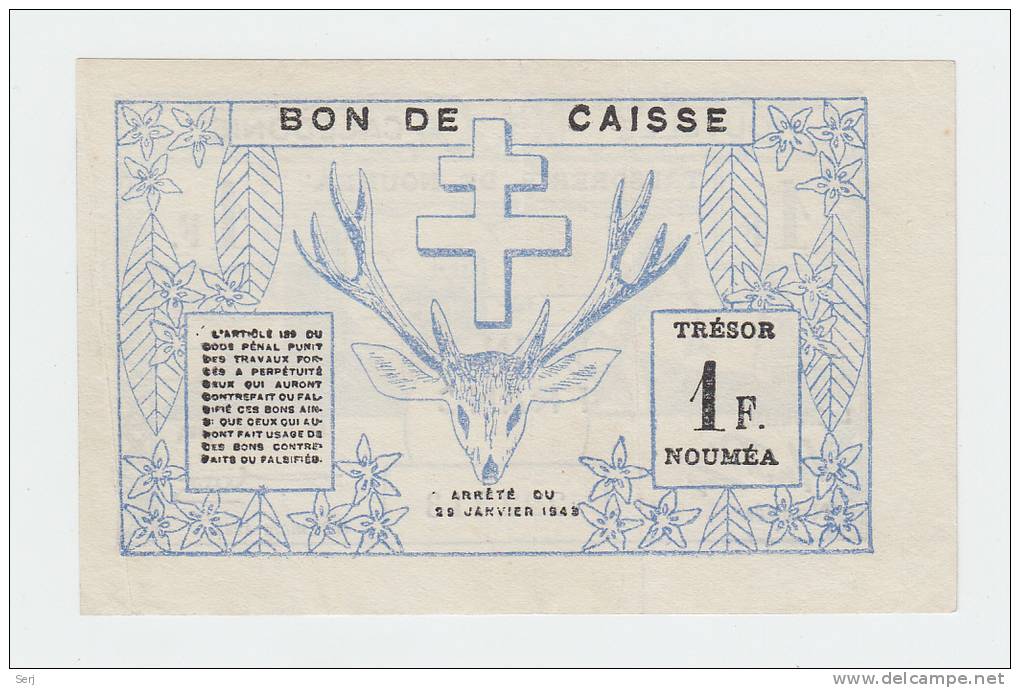 New Caledonia 1 Franc 1943 XF CRISP Banknote P 55a  55 A - Nouméa (New Caledonia 1873-1985)