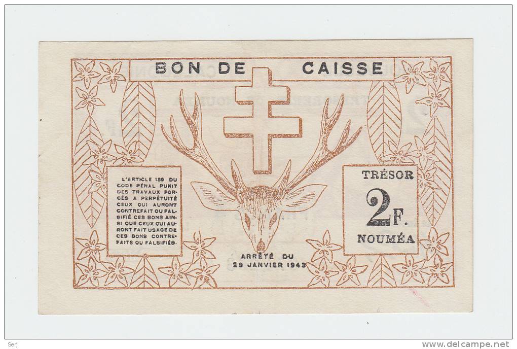 New Caledonia 2 Francs 1943 XF CRISP Banknote (With Stamp) P 56a   56 A - Numea (Nueva Caledonia 1873-1985)