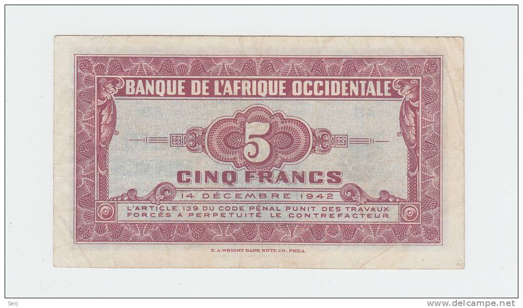 French West Africa 5 Francs 1942 VF++ Banknote P 28a 28 A - Other - Africa