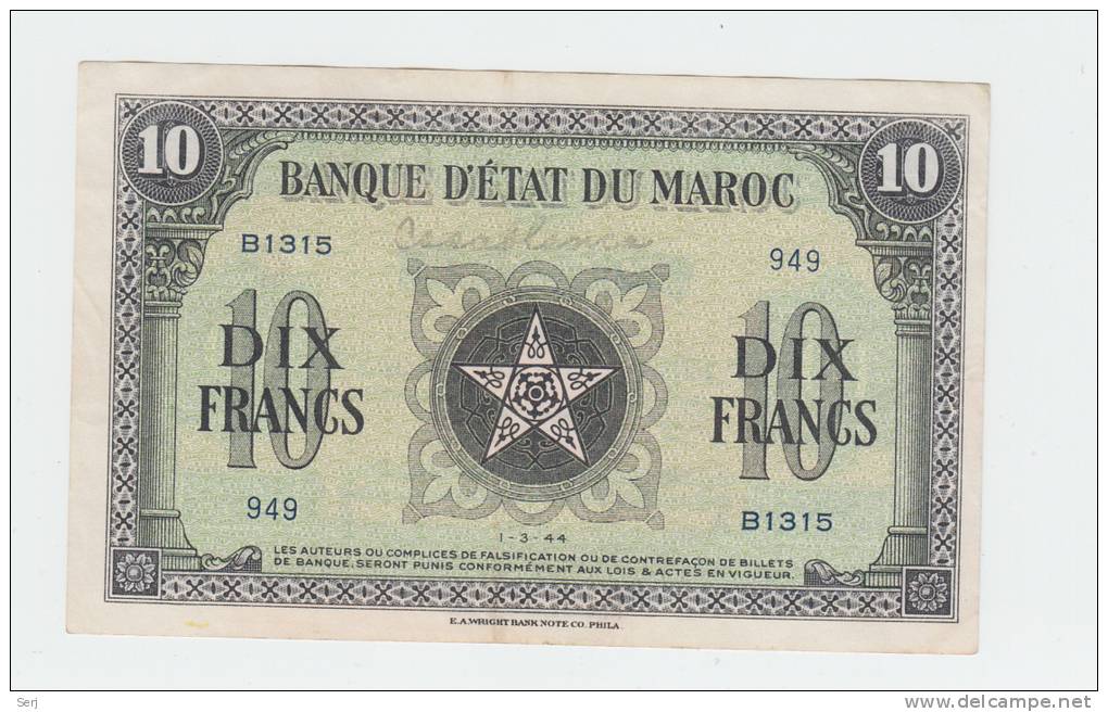 Morocco 10 Francs 1944 AXF CRISP WWII Banknote P 25 - Marokko