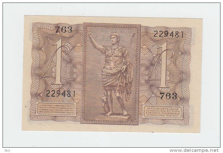 Italy 1 Lira 1939 AUNC CRISP Banknote P 26 - Italia – 1 Lira