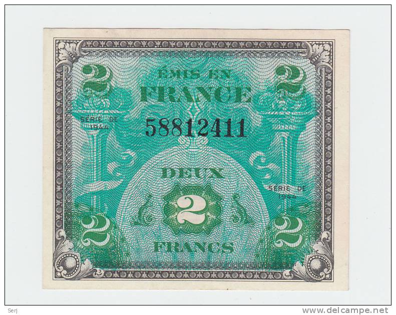 France 2 Francs 1944 XF+ CRISP Banknote P 114a 114 A - 1944 Drapeau/Francia