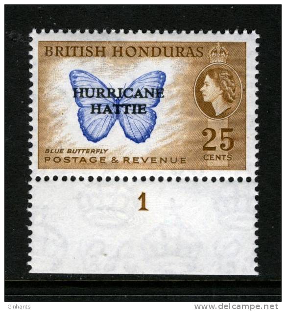 BRITISH HONDURAS - 1962 25c HURRICANE HATTIE RELIEF STAMP WITH PLATE NUMBER FINE MNH ** - Honduras Britannique (...-1970)