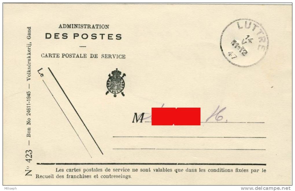 Carte Postale Administration Du Service Des Postes - Luttre - 1947     (2186) - Postkantoorfolders