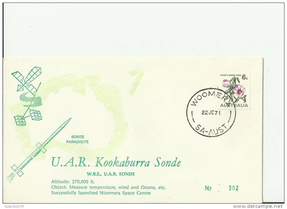 AUSTRALIA YEAR 1971 - FDC U.A.R. KOOKABURRA SONDE PARACHUTE  W/1 STAMP OF 6 CENTS POSTM WOOMERA S.A. REF 18/AU - Lettres & Documents