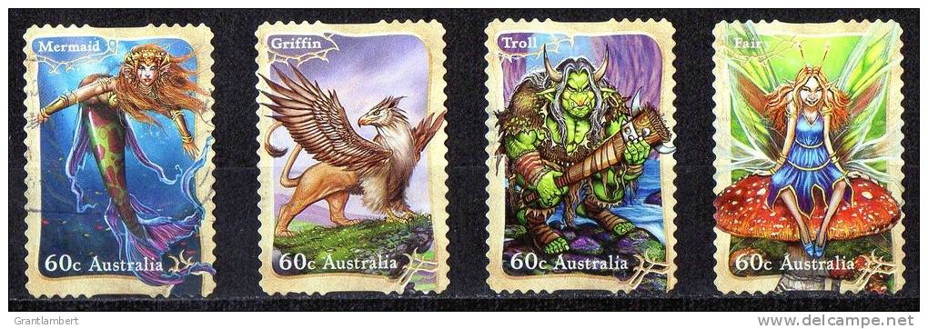 Australia 2011 Mythical Creatures 60c Mermaid, Griffin, Troll &amp; Fairy Self-adhesive Used - Gebraucht